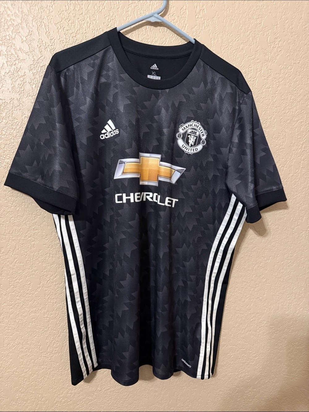 adidas Black Manchester United Short-Sleeve Football Jersey with White Stripes